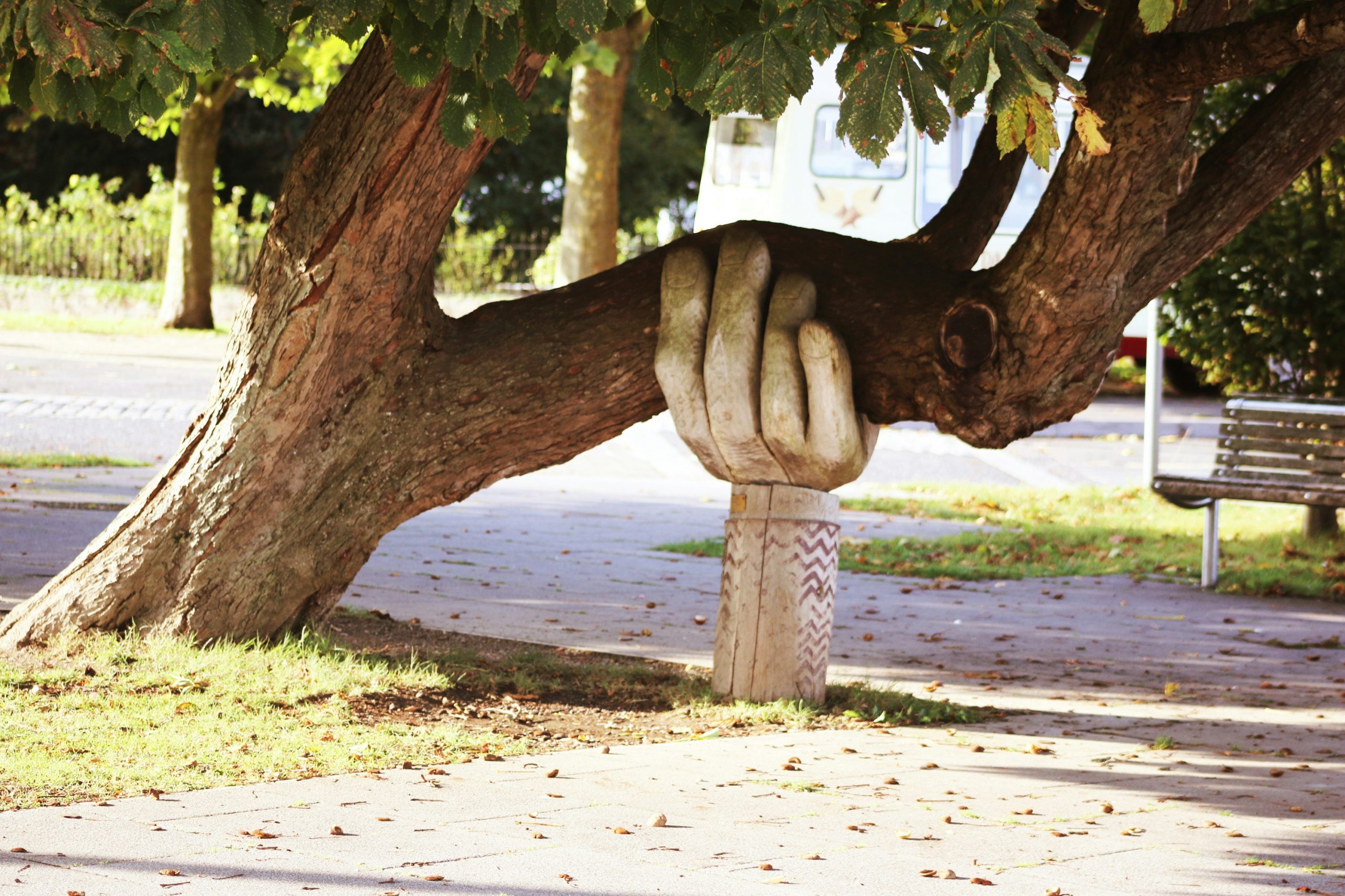 A sculpture of a hand holding up a large tree branch.